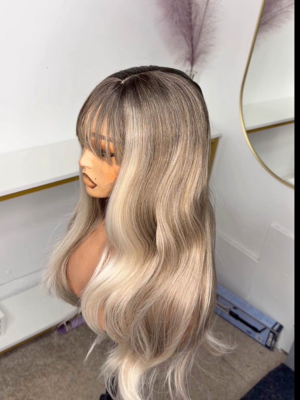 Blonde Balayage Long Wavy Lace Front Wig with Bangs - Unbranded